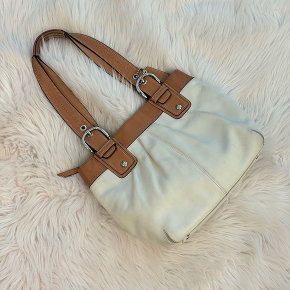 Coach Off-White and Tan Leather Double Strap Satchel Bag - Picture 10 of 11